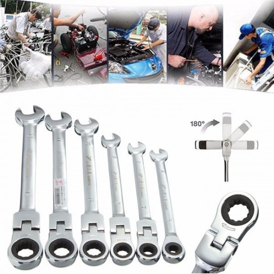 7pcs a Set 6mm,7mm,8mm,9mm,10mm,11mm,12mm Flexible Pivoting Head Ratchet Combination Spanner Wrench Garage Metric Tool