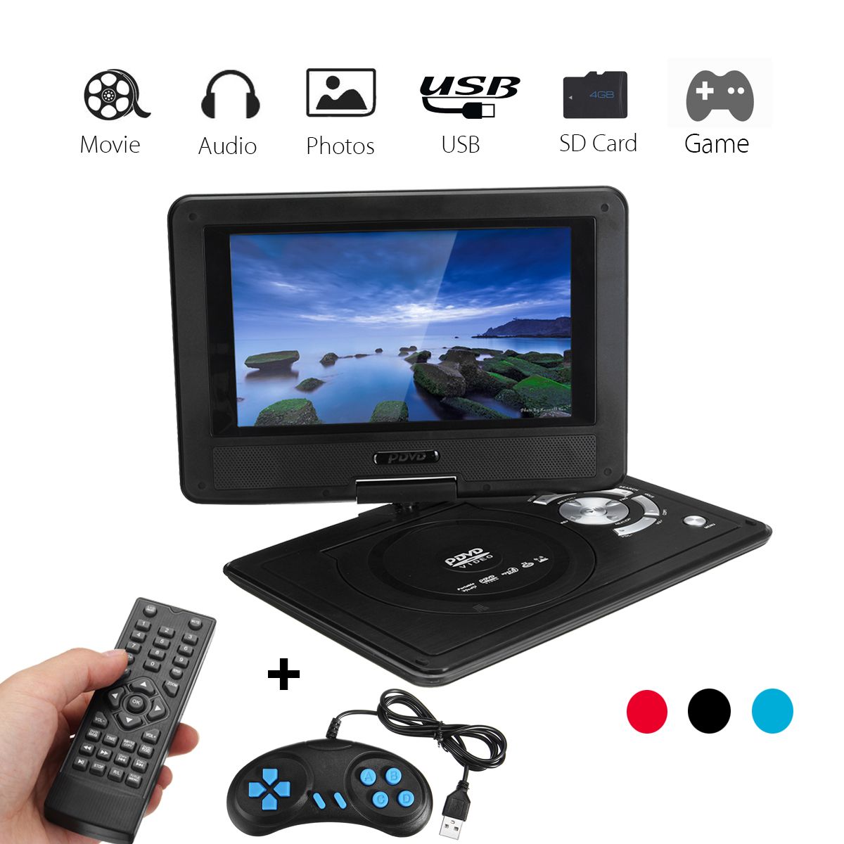 98-Inch-Portable-Car-Rechargeable-DVD-Player-Game-Video-Controller-270deg-Swivel-Screen-1629324