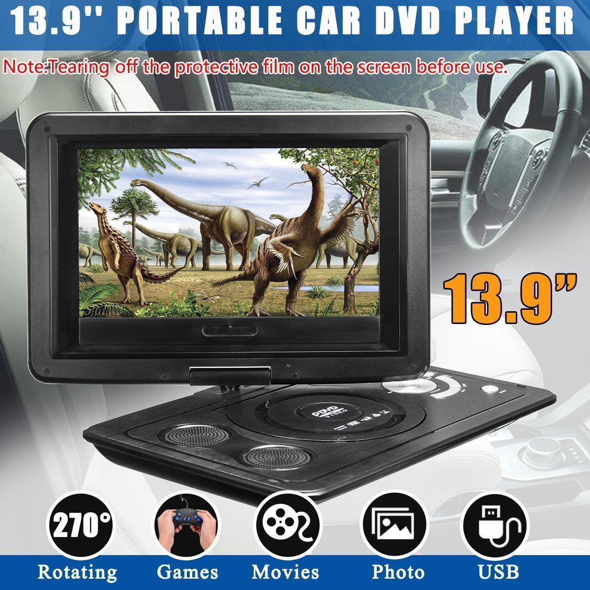 Portable-139inch-3D-Car-TV-HD-DVD-Player-270deg-Rotate-USB-300-Games-with-Remote-1558424