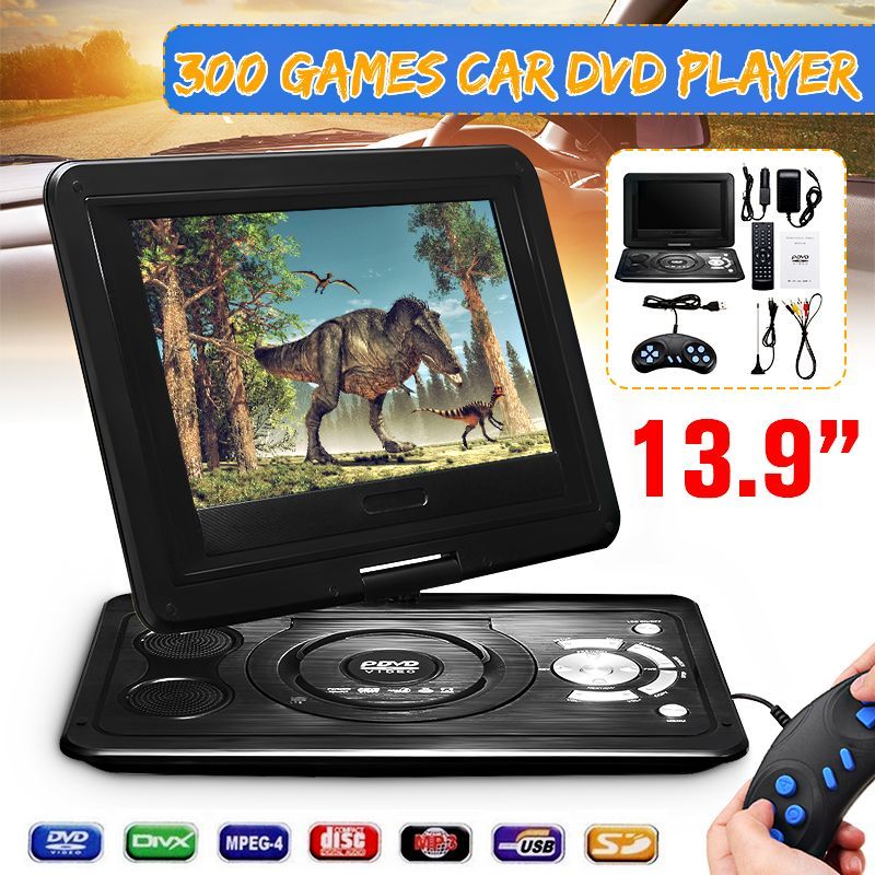 Portable-139inch-3D-Car-TV-HD-DVD-Player-270deg-Rotate-USB-300-Games-with-Remote-1558424