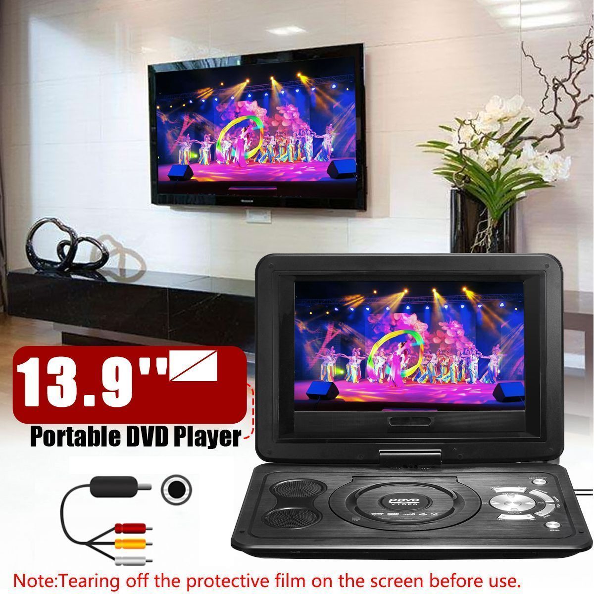 Portable-139inch-3D-Car-TV-HD-DVD-Player-270deg-Rotate-USB-300-Games-with-Remote-1558424