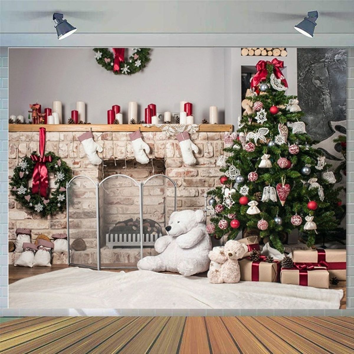 Christmas-Photography-Backdrop-3D-Tree-Brick-Fireplace-White-Bear-Printed-Vinyl-Photo-Studio-Backgro-1759899