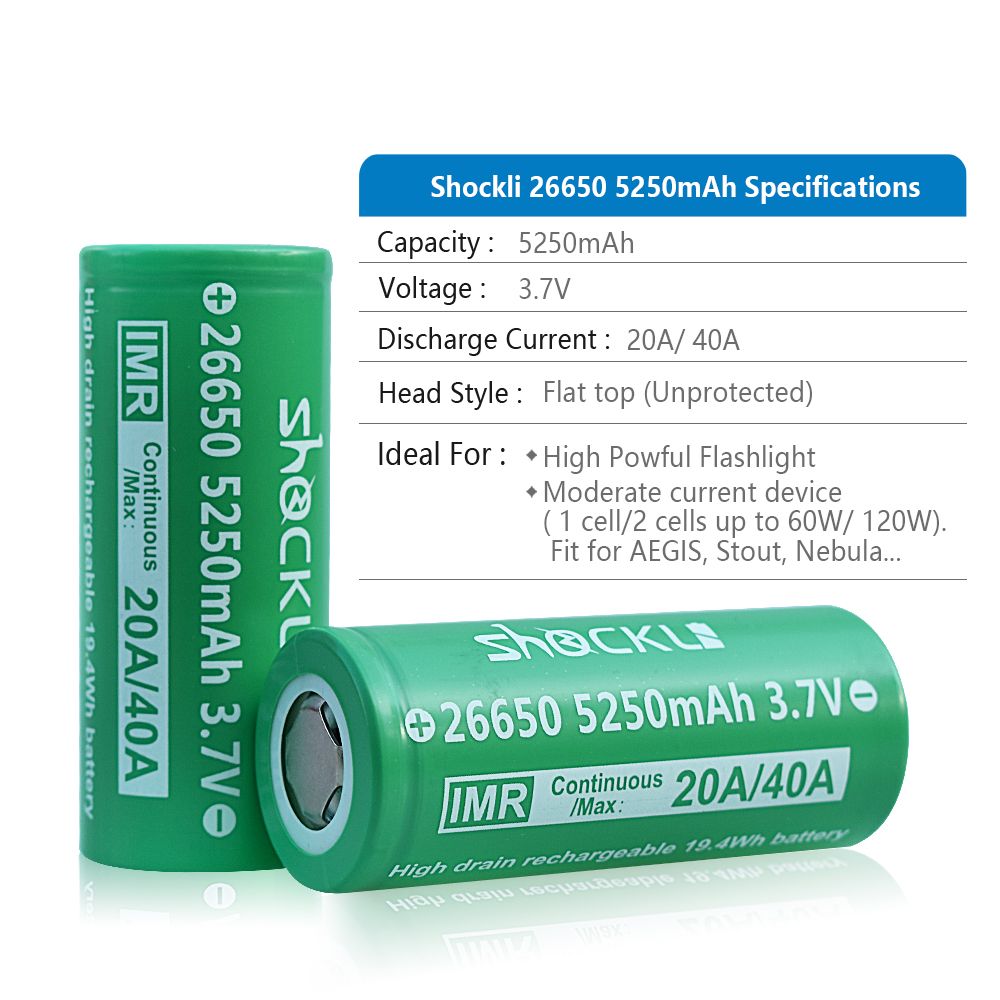 2PCS-Shockli-IMR-26650-37V-5250mah-20A-Discharge-Rechargeable-Li-ion-Battery-Flat-top-1521227