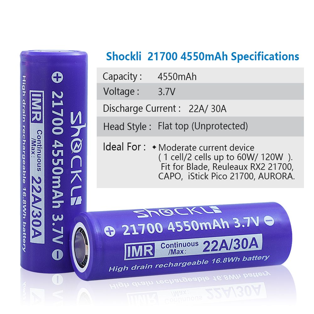 Shockli-21700-Battery-4550mAh-Flat-top-High-Drain-22A-37V-Li-ion-Rechargeable-Battery---2PCS-1613233