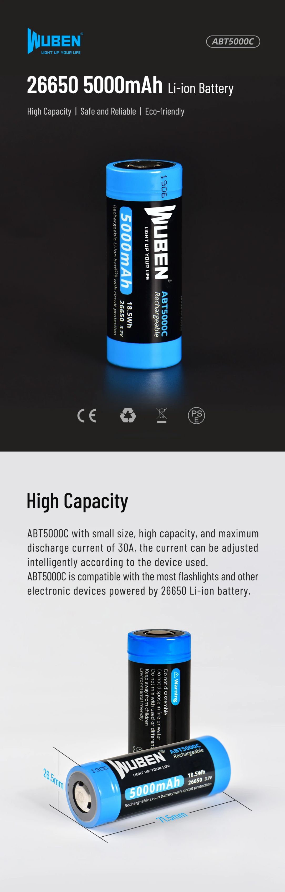 WUBEN-ABT5000C-26650-5000mAh-Rechargeable-Protected-Lithium-Battery-Large-Capacity-Li-ion-Battery-Fo-1730173