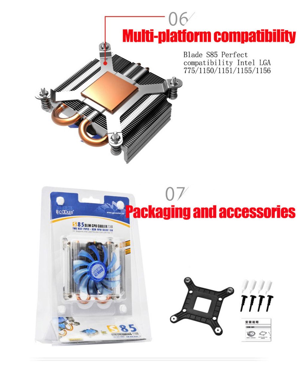 PCcooler-S85-Ultra-Thin-Computer-CPU-Cooler-2-Heatpipes-80mm-Mute-Radiator-Socket-Intel-775-115x-CPU-1766227