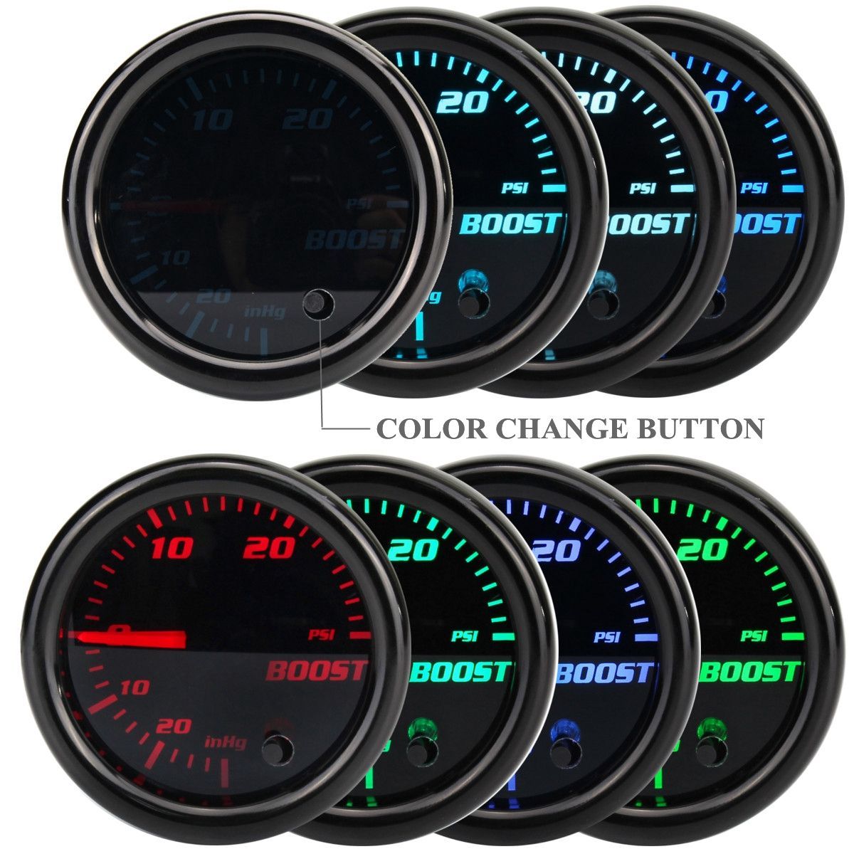 12V-2quot-52mm-Turbo-Boost-Gauge-Vacuum-Press-Meter-0-30PSI-7-Color-LED-Black-Len-1638140