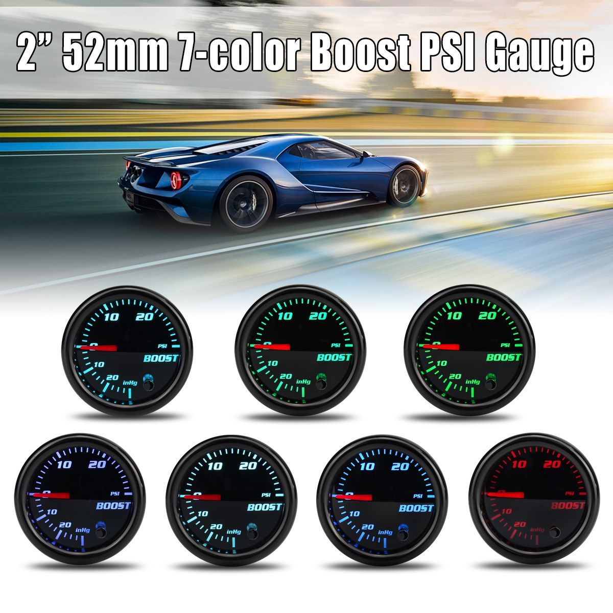 12V-2quot-52mm-Turbo-Boost-Gauge-Vacuum-Press-Meter-0-30PSI-7-Color-LED-Black-Len-1638140