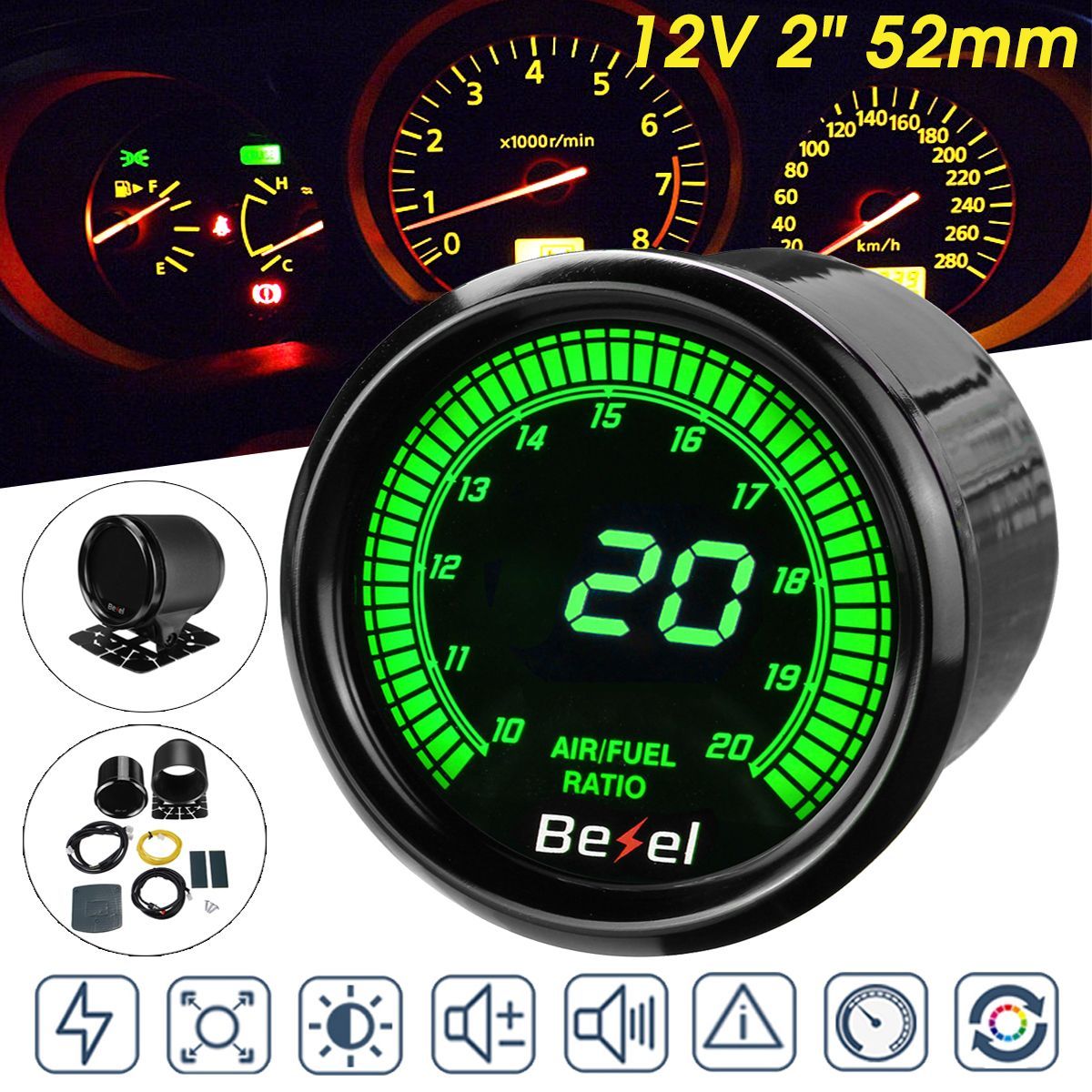 EVO-2quot-52mm-Car-Auto-Air--Fuel-Ratio-Gauge-Meter-AFR-Digital-LED-Display-Black-Face-1612143