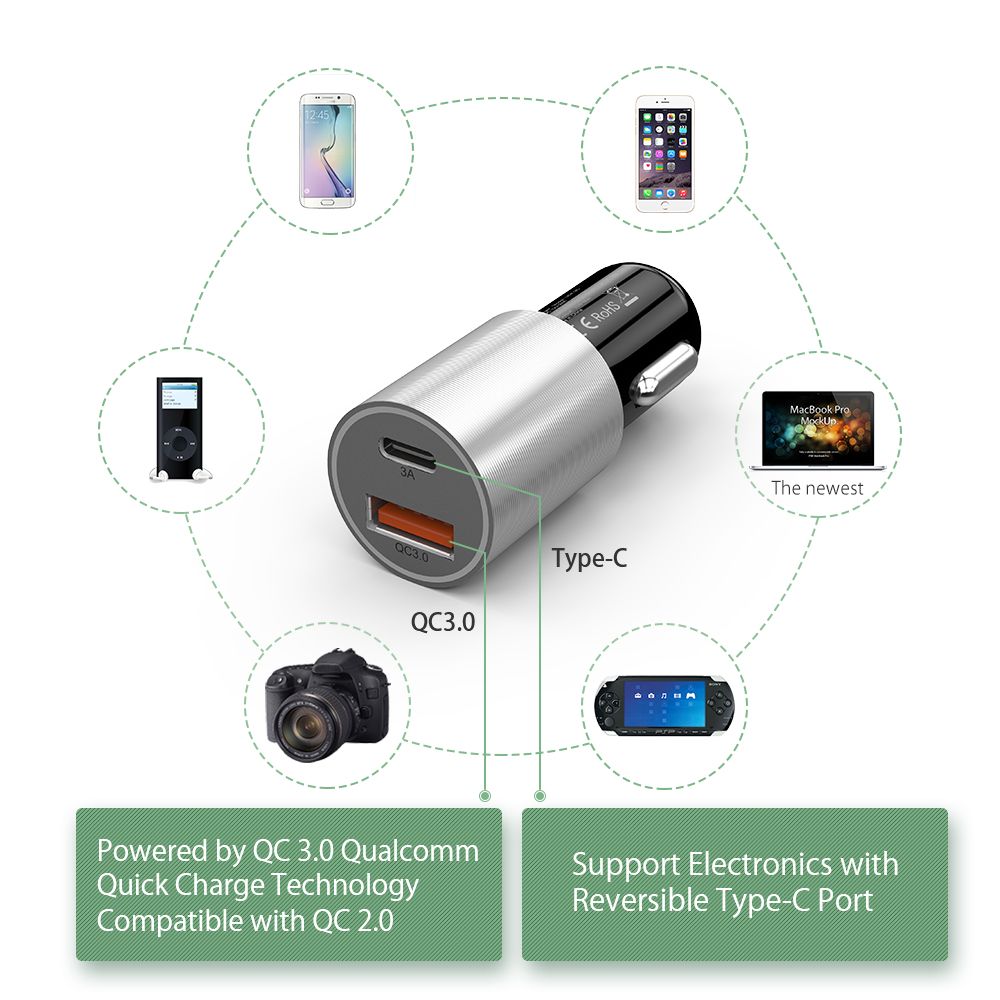 NTONPOWER-2-Port-USB-Car-Charger-Qualcomm-Quick-30-QC-20-Compatible-and-Type-C-3A-Fast-Charging-1347082