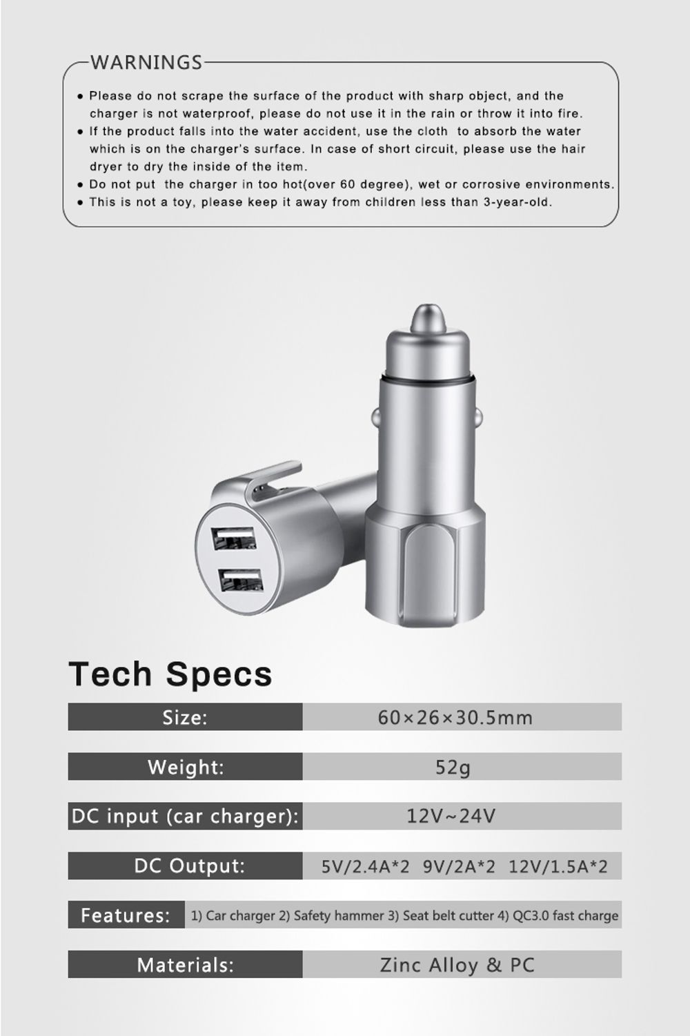 Yuroad-BM2041-12V-4In-1-Smart-Quick-Car-Charger-QC30-Multi-function-Safety-Hammer-with-Lighting-for--1692675