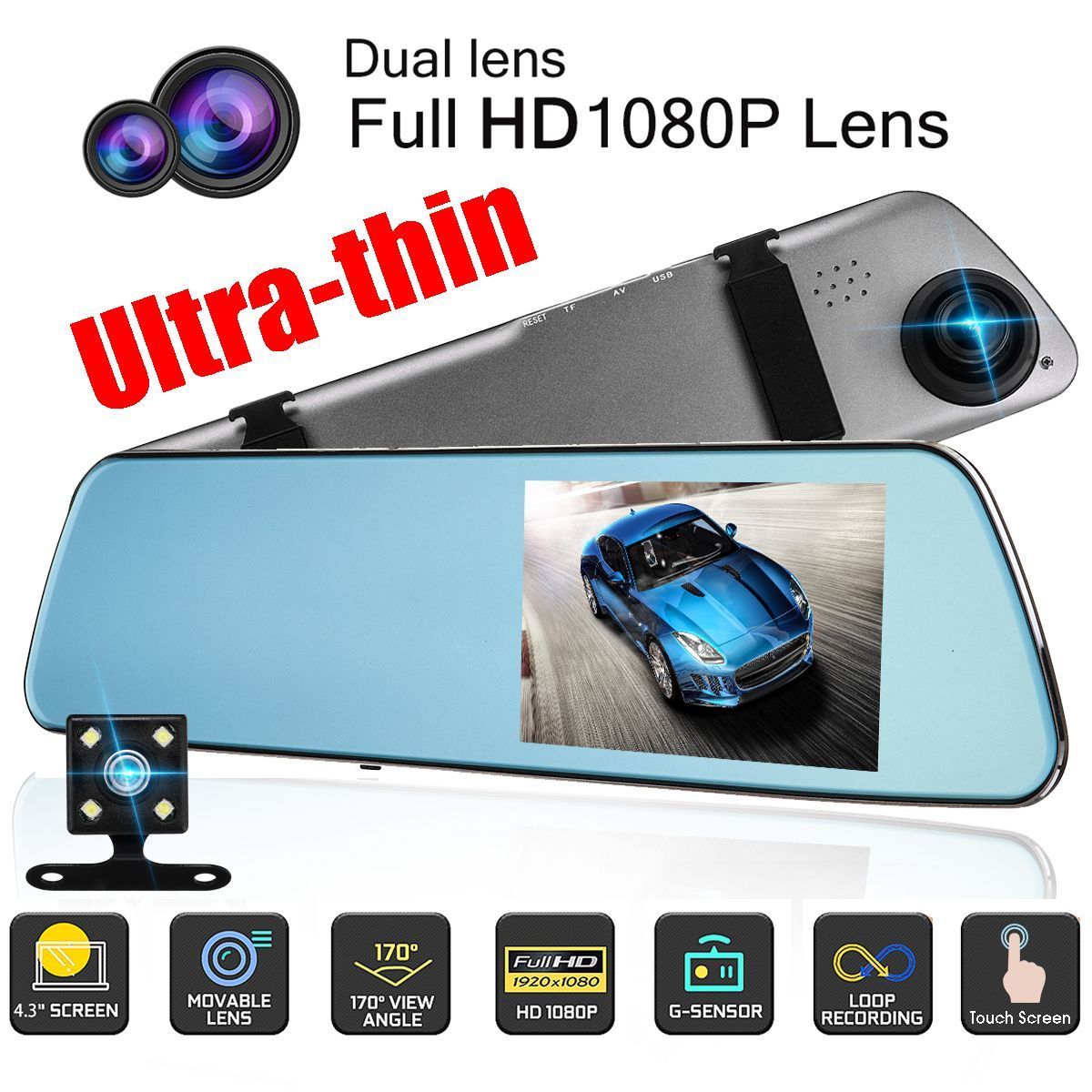 43quot-Dual-Lens-1080P-Car-DVR-Dash-Cam-Video-Recorder-Rear-View-Mirror-Camera-1610270