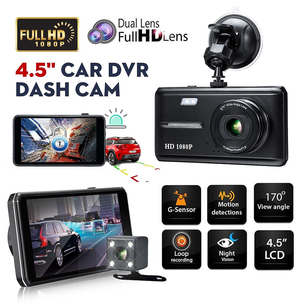 45quot-1080P-Touch-Screen-Car-DVR-Dash-Cam-Rearview-Camera-Dual-Lens-Night-Vision-1648075