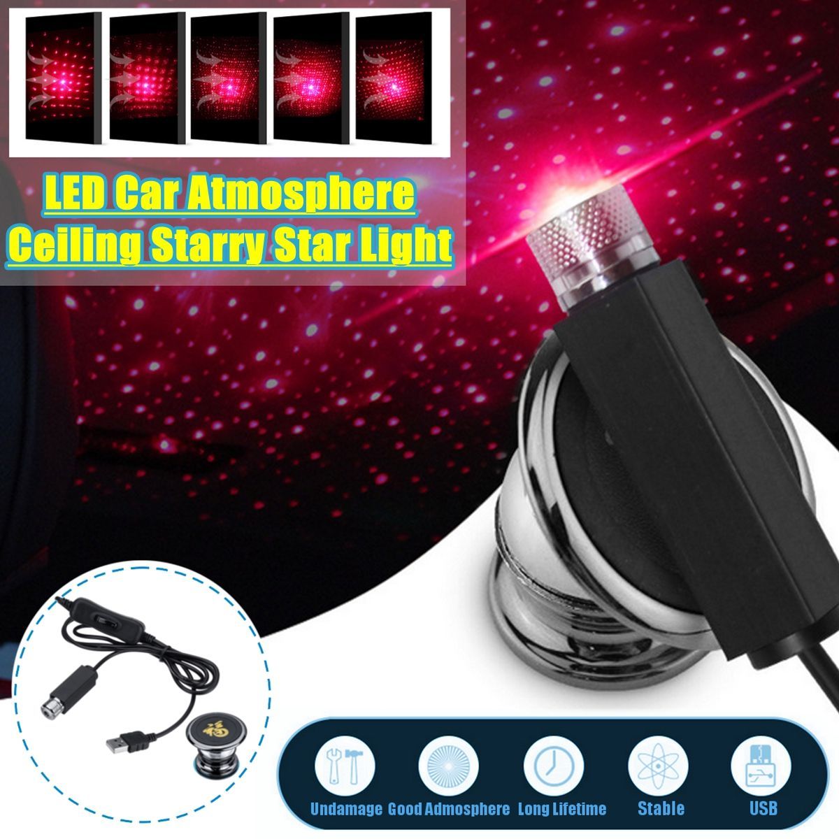 Car-LED-Atmosphere-Ceiling-Starry-Star-Lights-Roof-Decoration-Lamp--360degAdjustable-USB-5V-1W-1555292