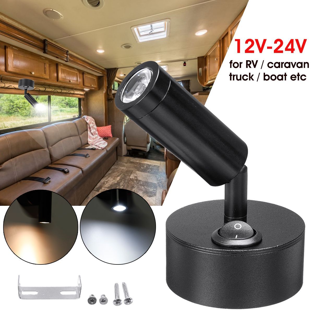 LED-Wall-Spotlight-Reading-Light--RV-Boat-Caravan-Motorhome-Bedside-Wall-Lamp-White-WarmWhite-Light-1544873