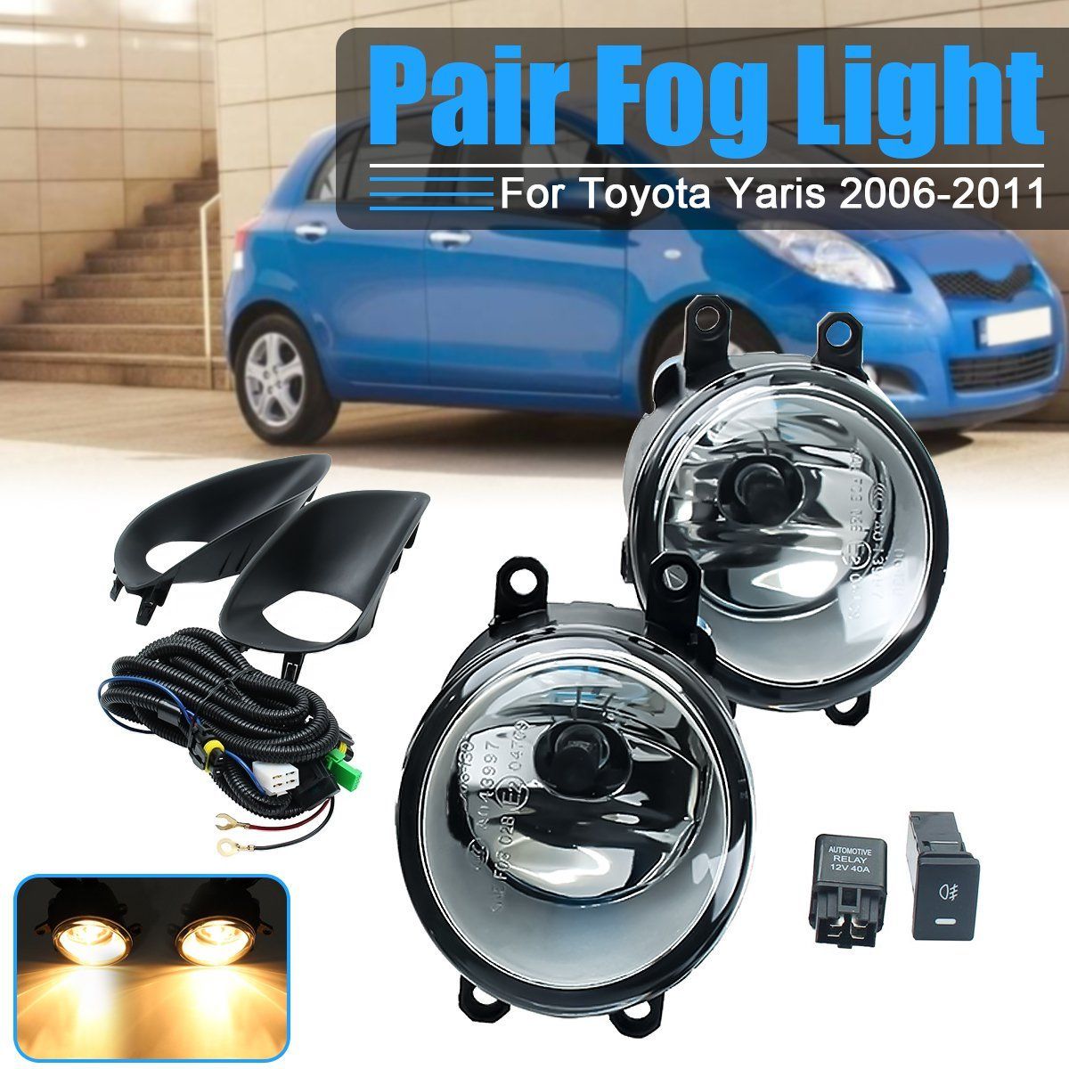 Car-Front-Bumper-Fog-Lights-with-H11-Bulbs-Wiring-Harness-6000K-Pair-for-Toyota-Yaris-4DR-Sedan-2006-939397