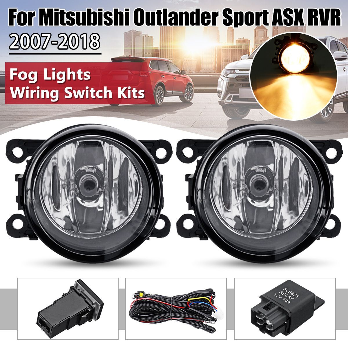 Car-Front-Bumper-Fog-Lights-with-H11-Lamps-Harness-Pair-for-Mitsubishi-Outlander-SportRVRASX-1455984