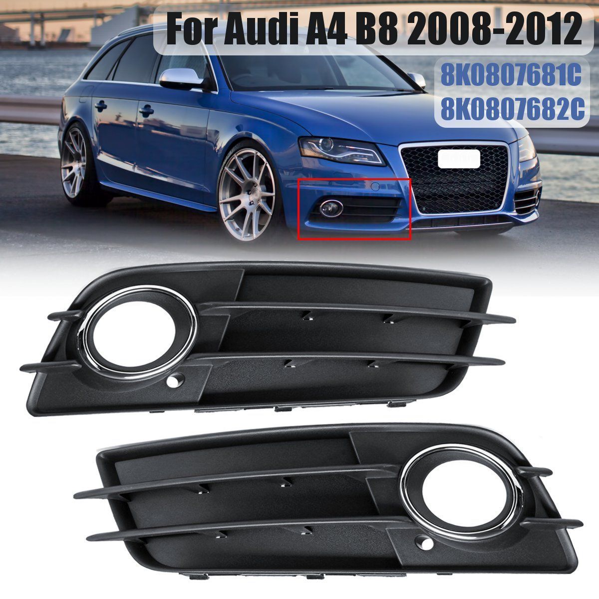 Front-Bumper-Fog-Light-Grille-Grill-LeftRight-for-Audi-A4-B8-2008-2012-1421683