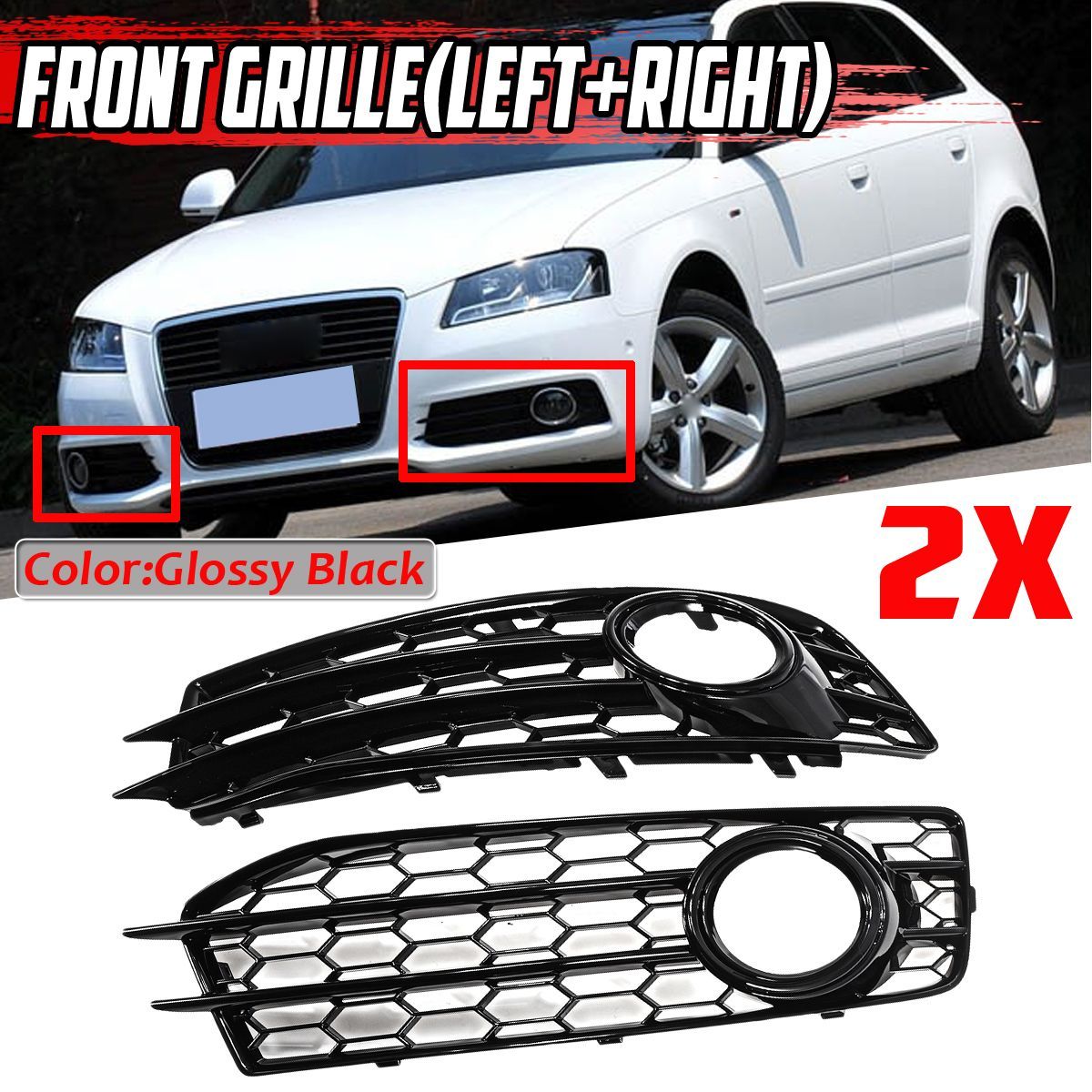 Front-Fog-Light-Lamp-Grille-Grill-Cover-Honeycomb-Hex-Glossy-Black-For-Audi-A3-8P-S-Line-2009-2012-1750298