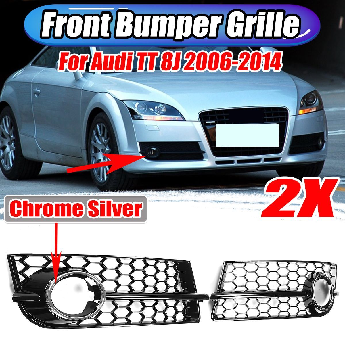Front-Fog-Light-Lamp-Grille-Grill-Cover-Honeycomb-Hex-RS-Style-Chrome-Silver-For-Audi-TT-8J-2006-201-1750293