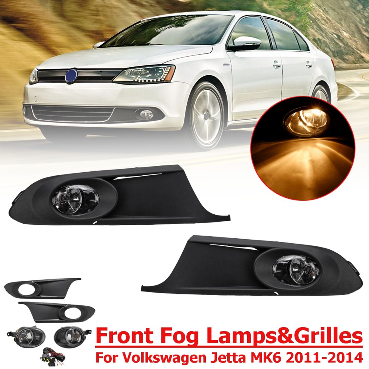 Pair-Car-Front-Bumper-Fog-Lights-Lamp-with-Grilles-Harness-Amber-for-VW-Jetta-MK6-2011-2014-1381933
