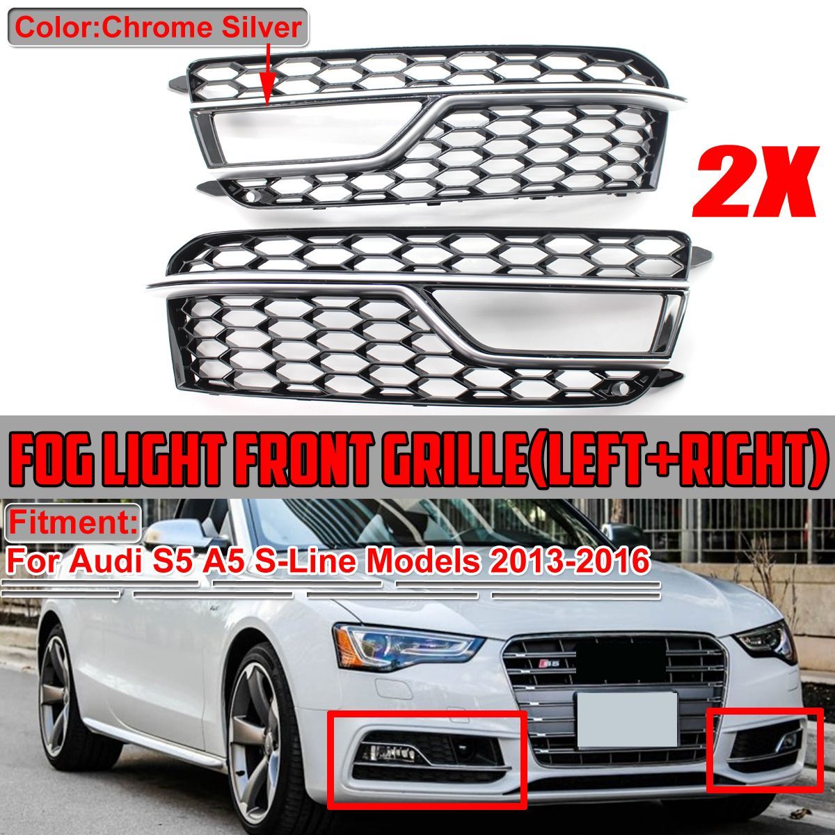 Pair-Front-Bumper-Fog-Light-Grill-Grille-Silver-Trim-For-Adufi-S-Line-A5-S5-2013-2016-1745411