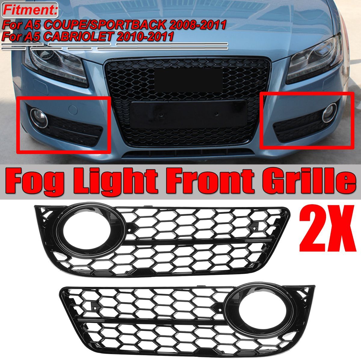 Pair-Front-Bumper-Fog-Light-Lamp-Grille-Grill-Cover-Honeycomb-Hex-Black-For-Audi-A5-2008-2011-1561544