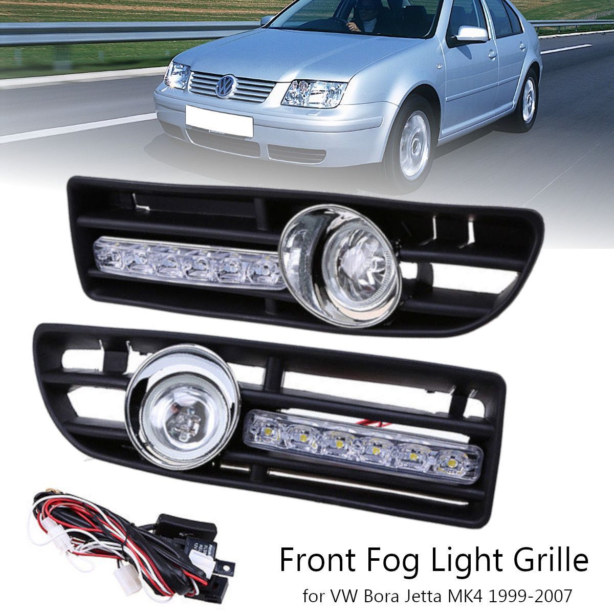 Pair-Front-Lower-Bumper-Fog-Light-Cover-Grille-wLED-DRL-for-VW-Bora-Jetta-MK4-1999-2007-1364744