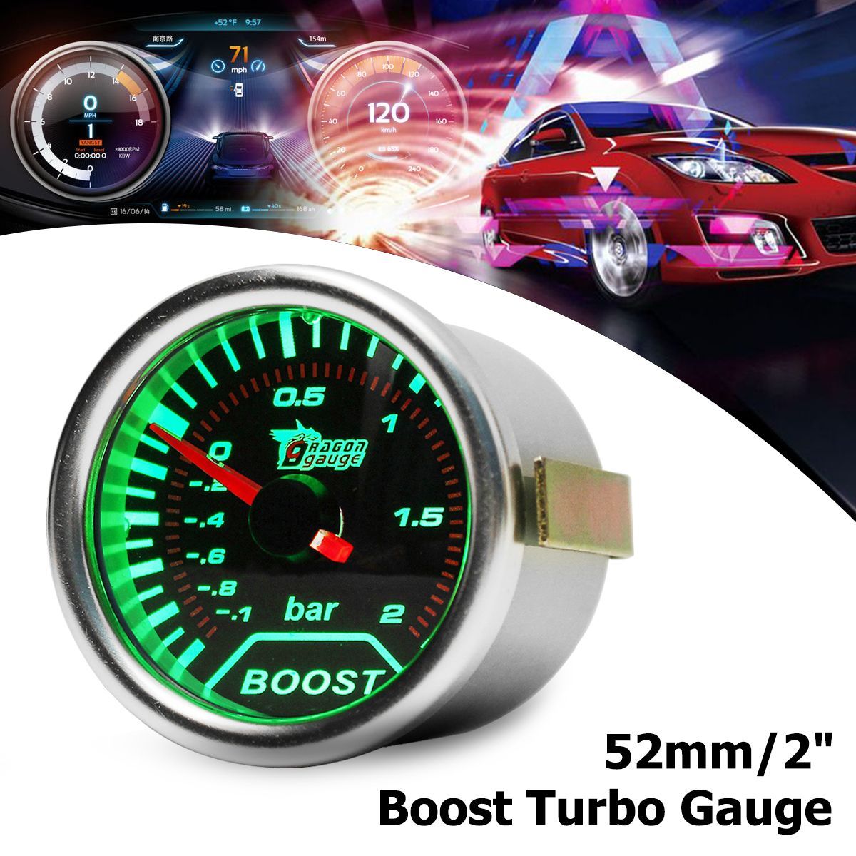 Chrome-Ring-52mm-2-Inch-Green-LED-BAR-Turbo-Pressure-Boost-Gauge-Smoked-Dial-Face-Vacuum-Pipe-1425331