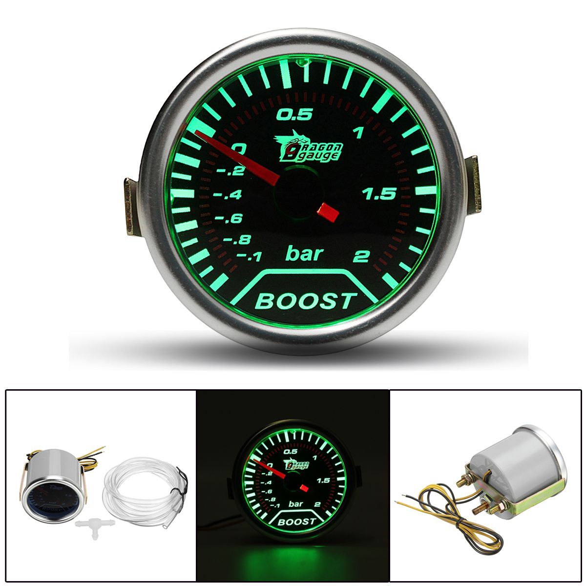 Chrome-Ring-52mm-2-Inch-Green-LED-BAR-Turbo-Pressure-Boost-Gauge-Smoked-Dial-Face-Vacuum-Pipe-1425331