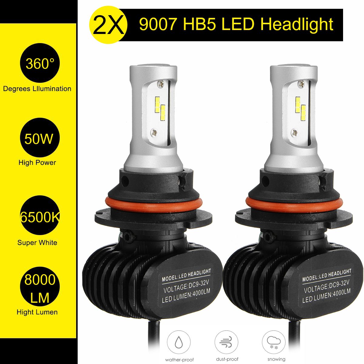 2Pcs-9007-HB5-6500K-8000LM-Dual-Beam-White-Car-3COB-LED-Headlights-Bulb-Waterproof-1327730