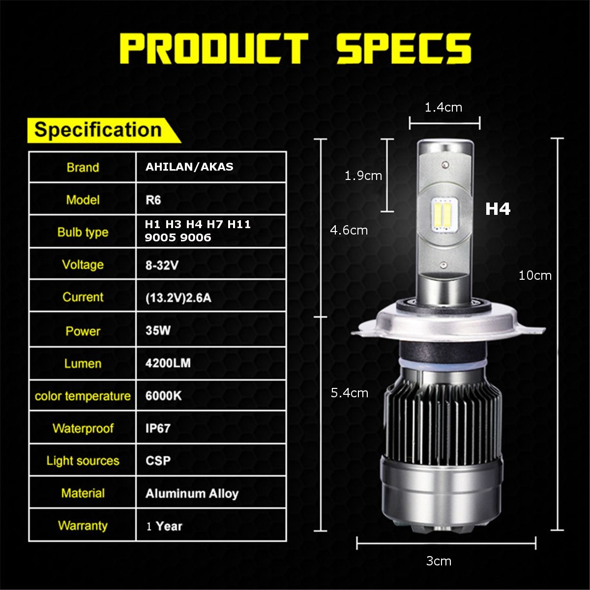 AKAS-R6-LED-Car-Headlights-Bulbs-70W-8400LM-H1-H3-H4-H7-H11H8H9-9005-9006-6000K-White-1324781