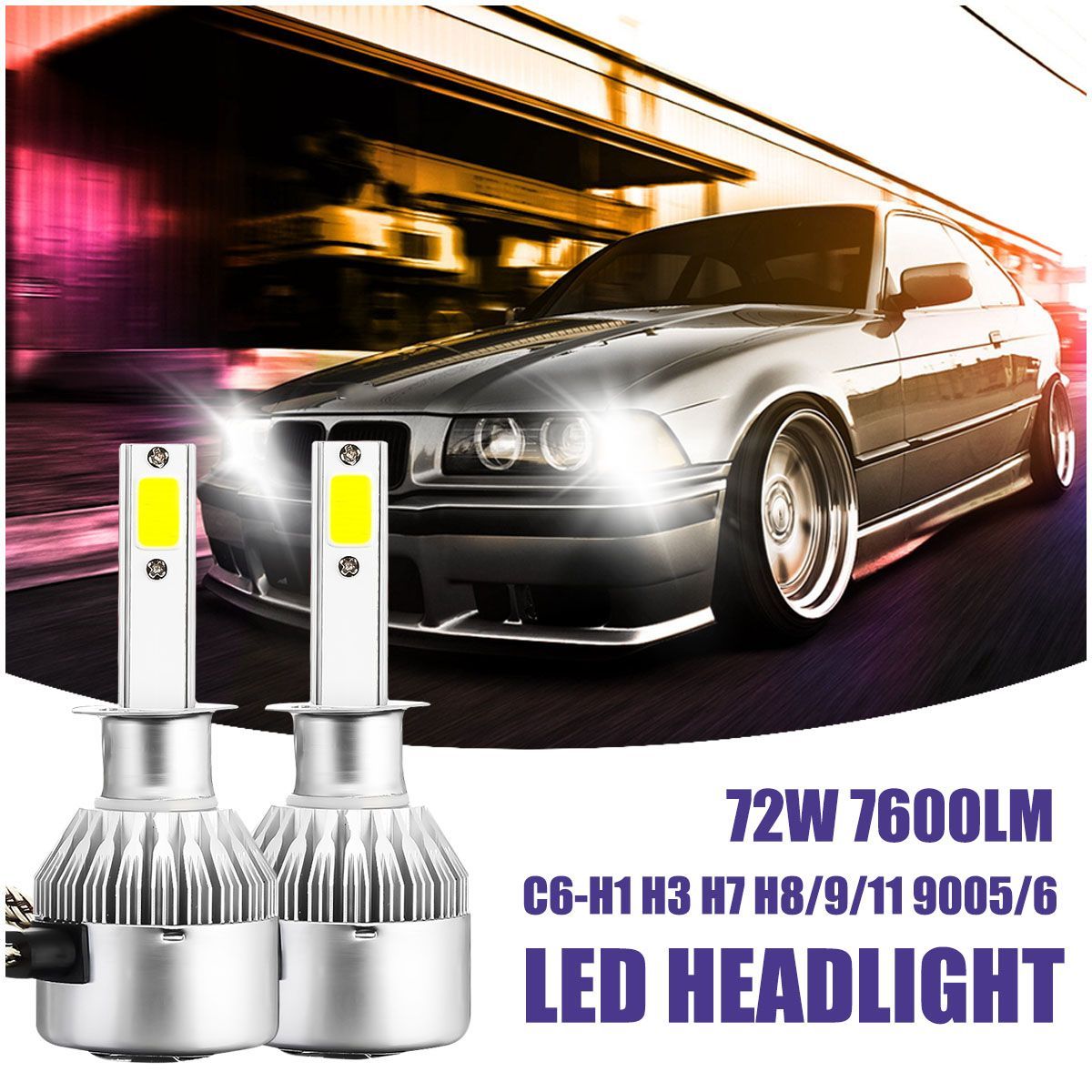 C6-COB-LED-H4-H7-Car-Headlights-8000K-Ice-Blue-Bulbs-H1-9005-9006-Fog-Lamps-72W-7600LM-1523304