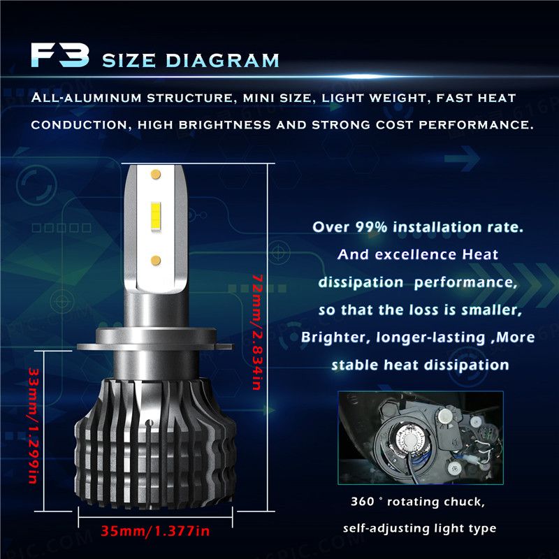 F3-Car-LED-Headlights-Bulbs-120-Degree-Lighting-6000K-12V-3000LM-Waterproof-9005-9006-H1-H11-H7-2Pcs-1610728