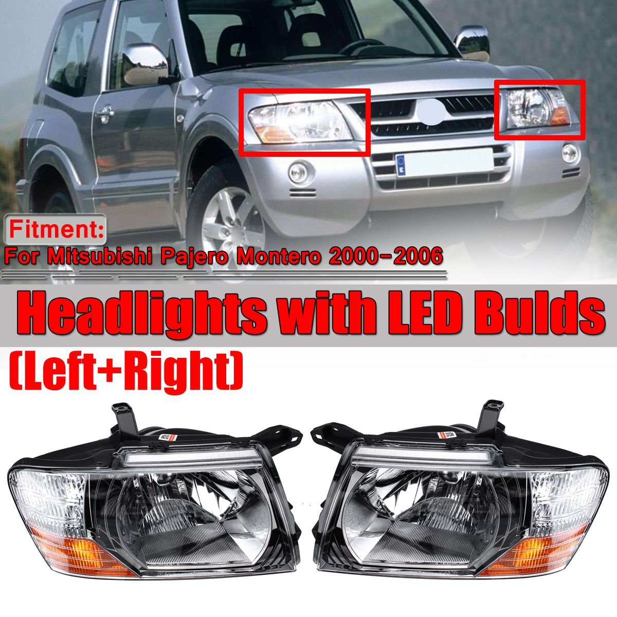 Front-Headlights-Head-Lamps-LED-Lights-LR-Pair-For-Mitsubishi-Pajero-Montero-2000-2006-Grey-1559067