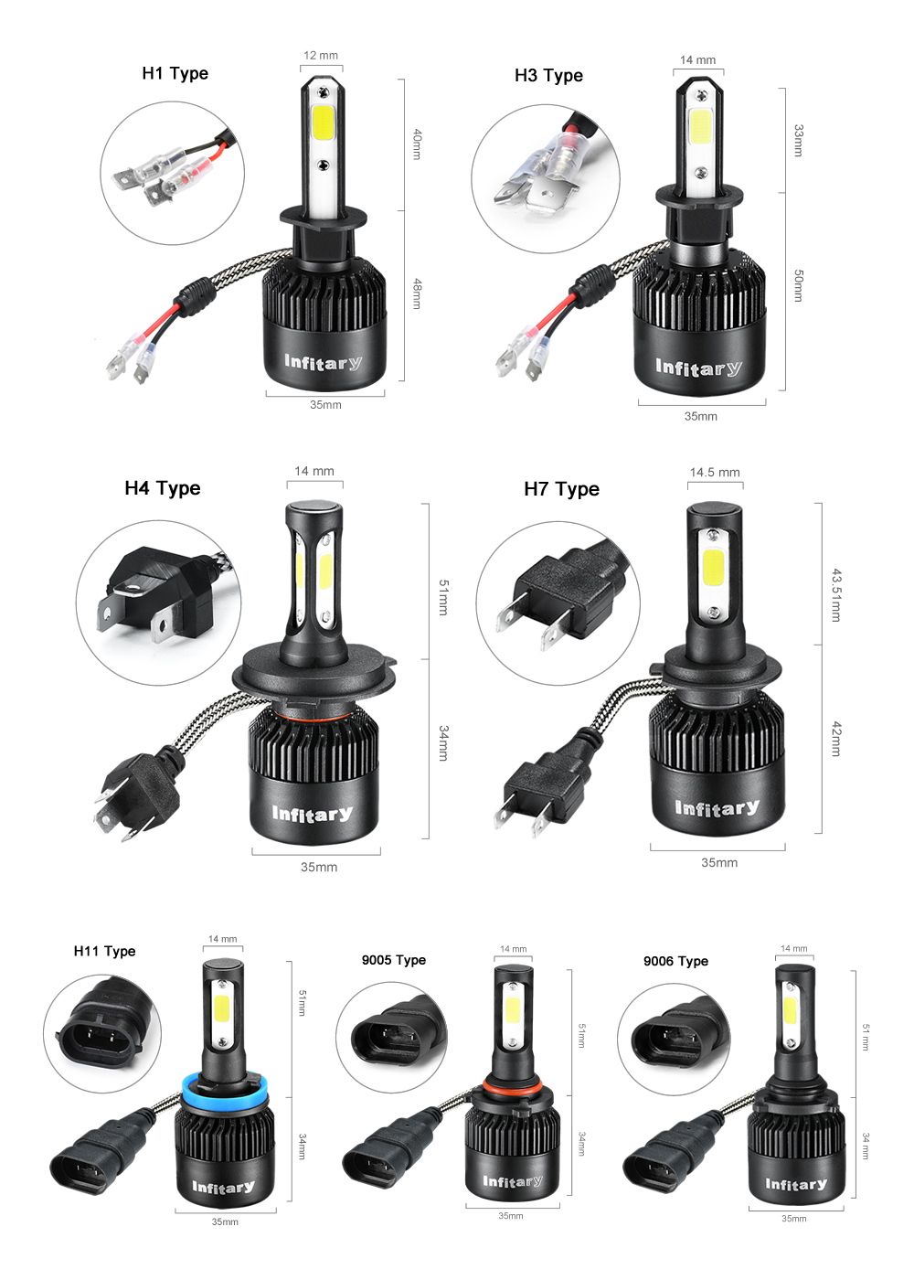 Infitary-S2-Car-COB-LED-Headlights-Bulbs-Fog-Lamp-H1-H3-H4-H7-H11-9005-9006-12V-24V-72W-8000LM-6500K-1476967