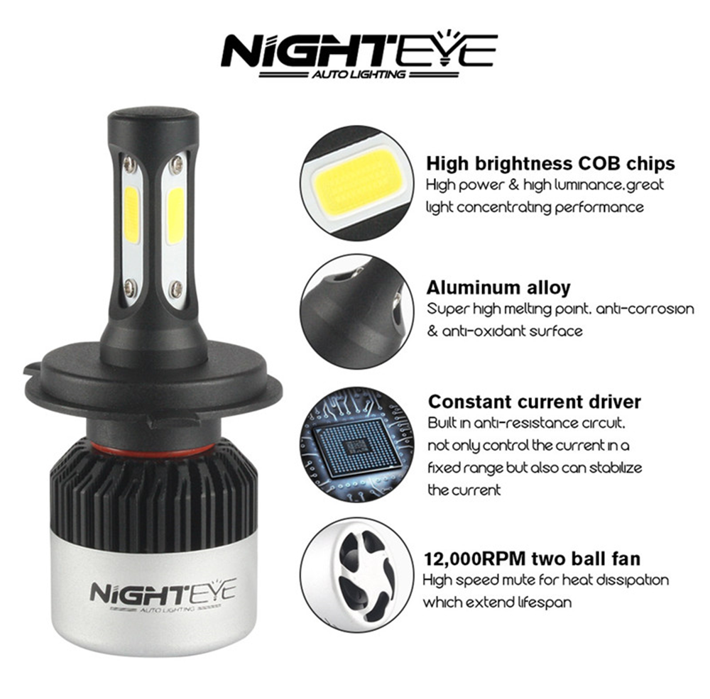 NightEye-2PCS-S2-COB-LED-Car-Headlights-Bulbs-Fog-Light-H4-72W-9000LM-6500K-White-1767273