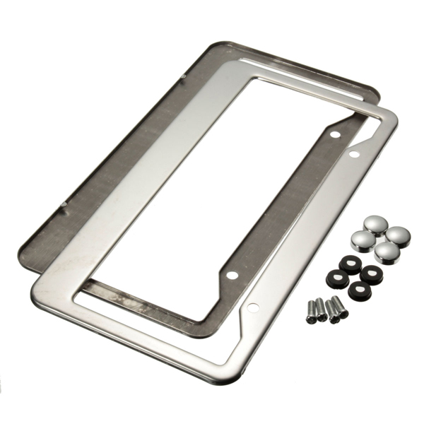 2-Pcs-Sliver-Stainless-Steel-License-Plate-Frames-With-Screw-Caps-Tag-Cove-1035270