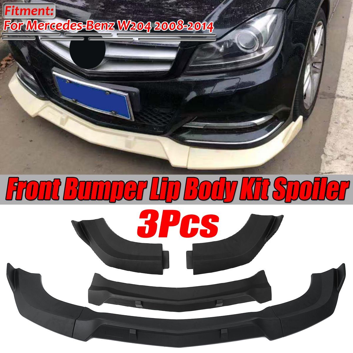 3PCS-Matte-Black-Front-Bumper-Lip-Spoiler-Cover-Trim-For-Mercedes-Benz-W204-2008-2014-1640779