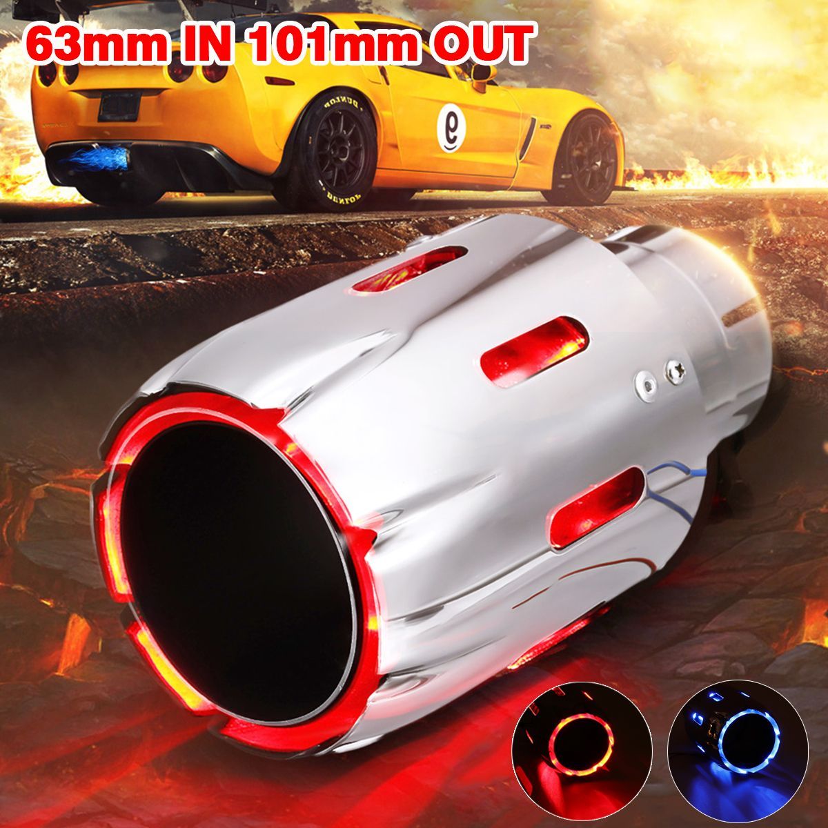 63mm-IN-101mm-Out-Stainless-Steel-Exhaust-Muffler-Blue-Red-LED-Light-1683561