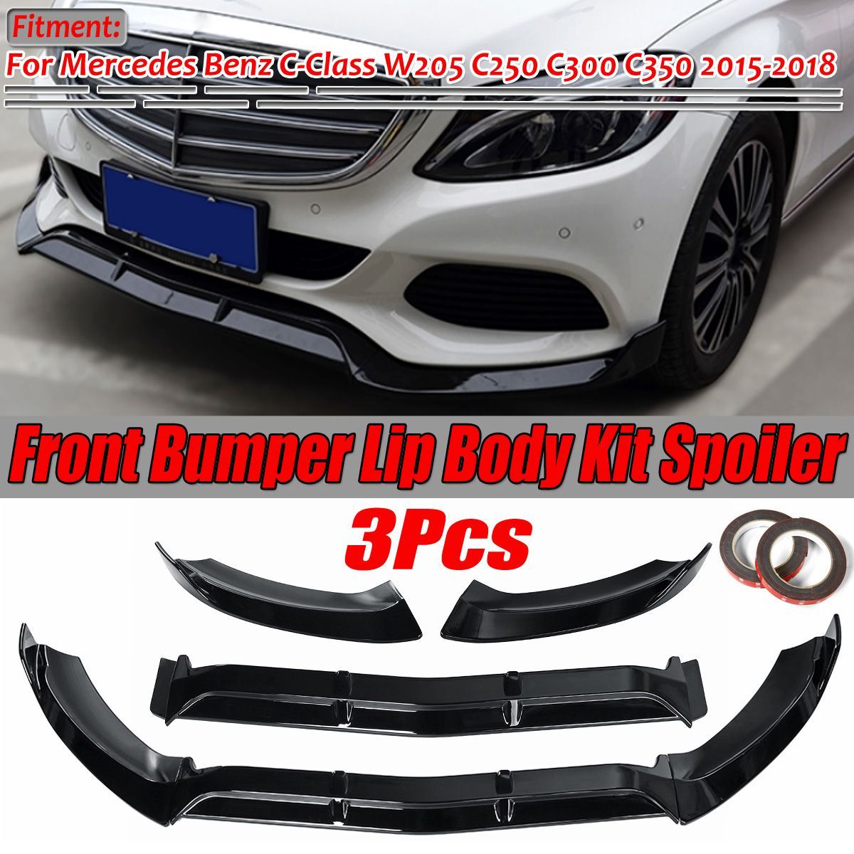 Car-Glossy-Black-Front-Bumper-Lip-Body-Protector-Kit-Spoiler-For-Mercedes-C-Class-W205-C250-C300-C35-1638838