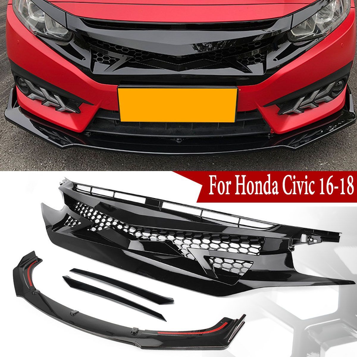 For-Honda-Civic-2016-18-6Pcs-Front-Hood-Mesh-Grill-Grille-Bumper-Trims-Eyebrow-1489993
