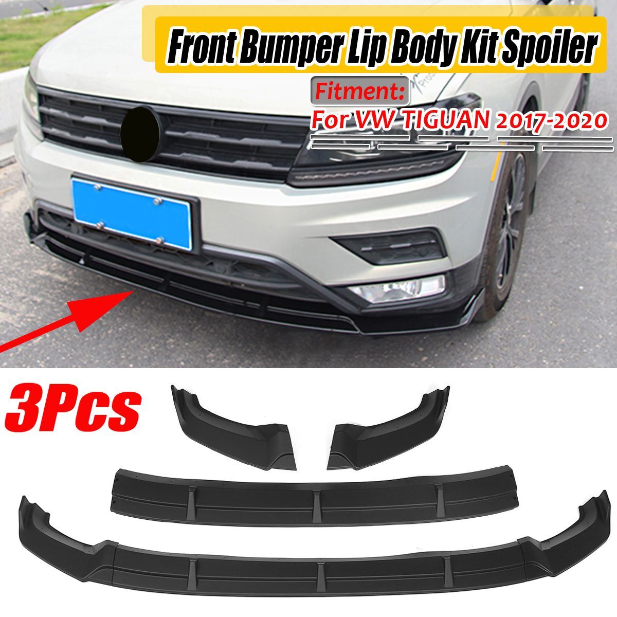 Front-Bumper-Lip-Spoiler-Cover--Matte-Black-Trim-3PCS-For-VW-TIGUAN-2017-2020-1684882