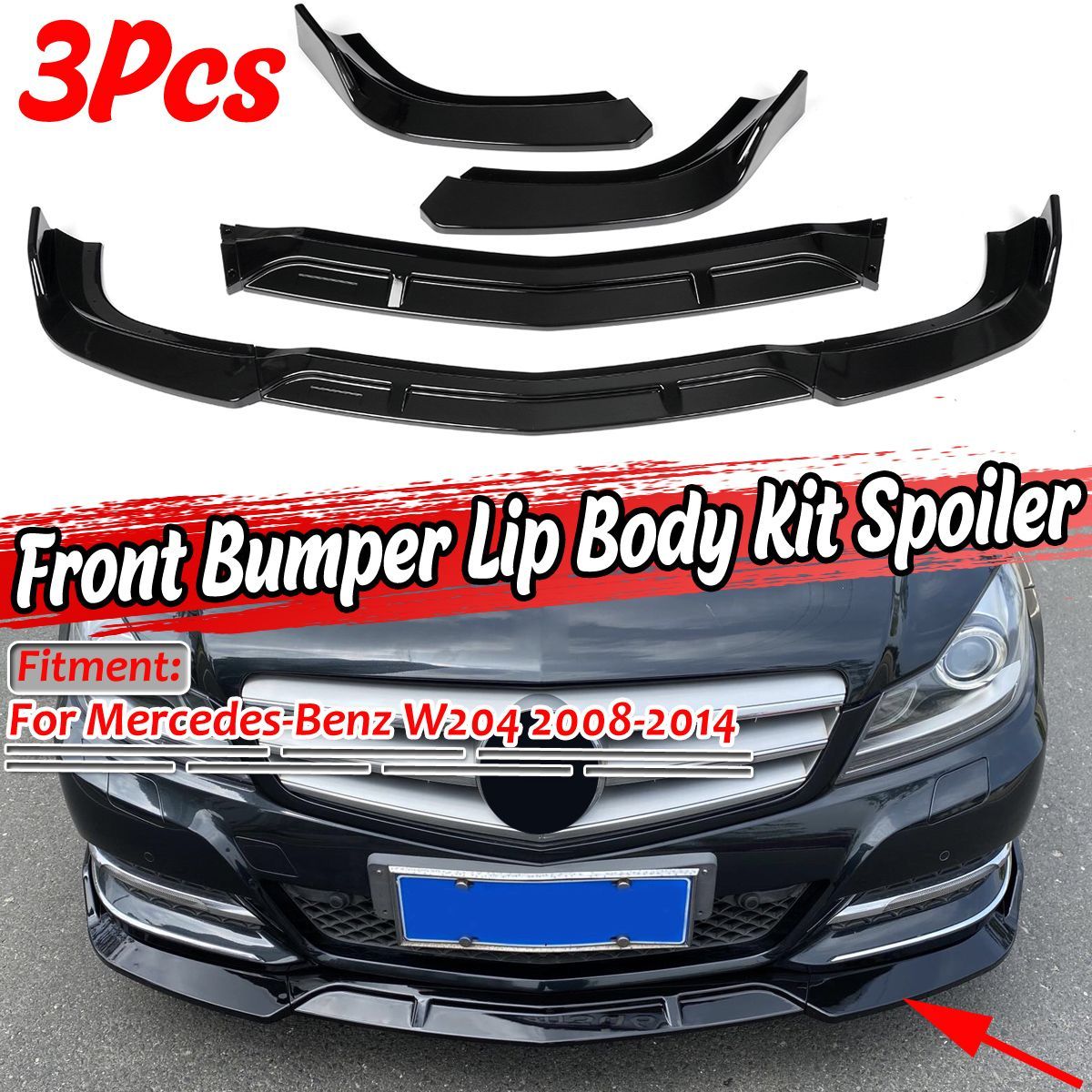 Front-Bumper-Lower-Splitter-Lip-Diffuser-Guard-Front-Shovel-Bright-Black-For-Mercedes-For-Benz-W204--1706477