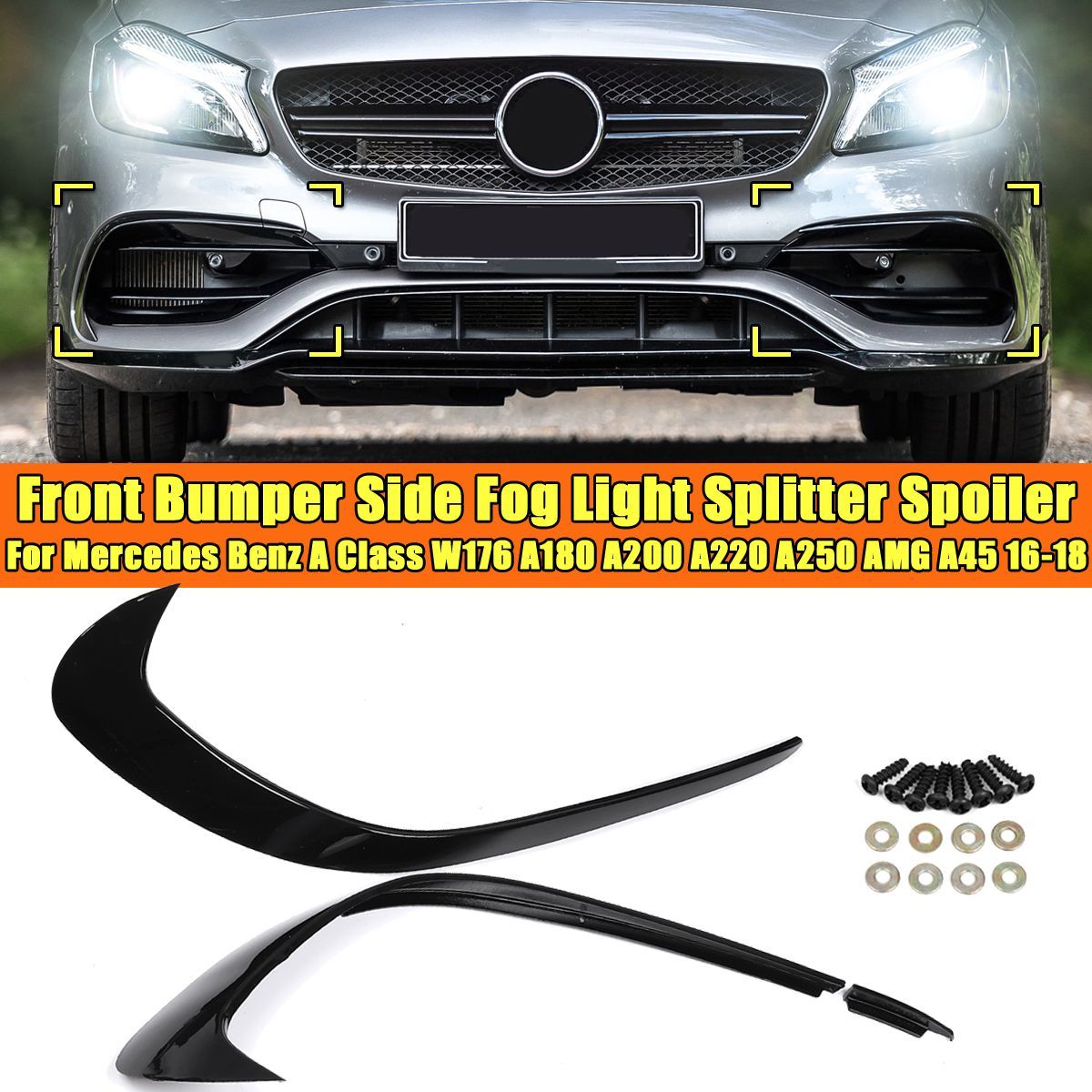 Front-Bumper-Side-Fog-Light-Splitter-Spoiler-Glossy-Canards-For-Benz-W176-A180-1720159
