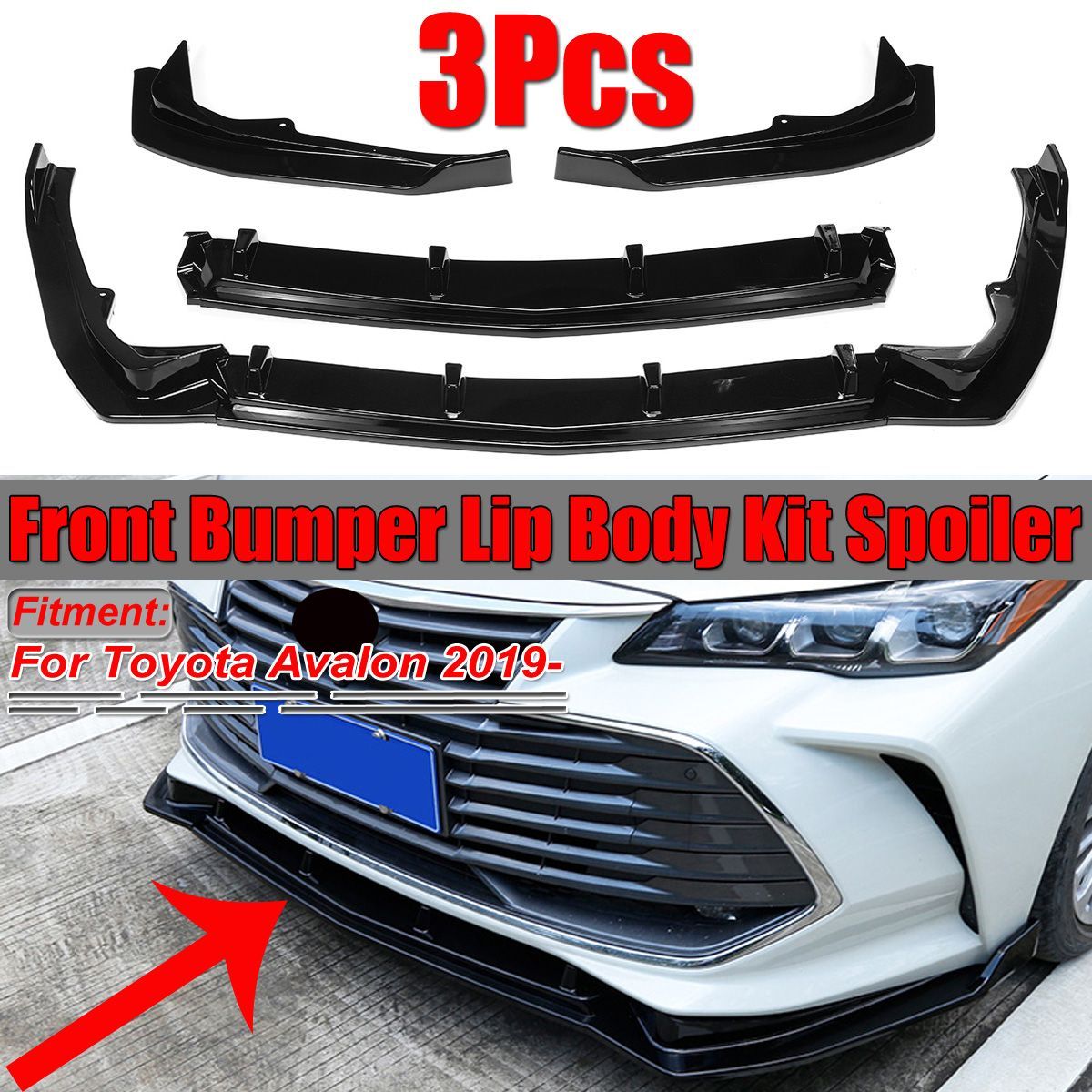 Gloss-Black-3PCS-Front-Bumper-Lip-Body-Protector-Kit-Chin-Spoiler-For-ToyotAvalon-2019-1545048