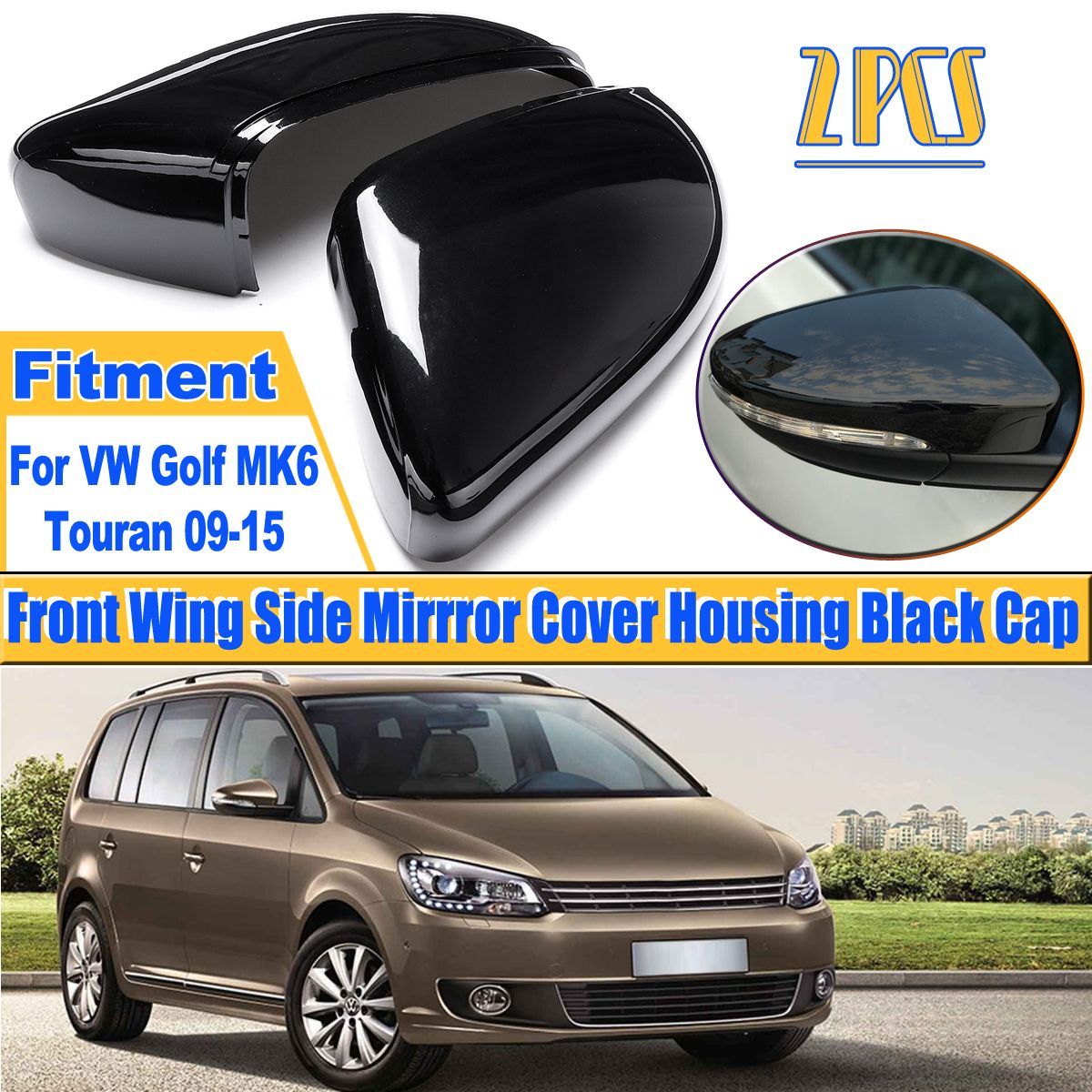 Pair-Front-Wing-Side-Car-Mirror-Cover-Housing-Cap-Black-For-VW-Golf-MK6-Touran-09-15-1396026