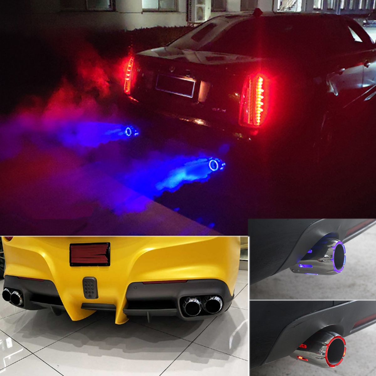 Stainless-Exhaust-Muffler-Tip-63mm-IN-89mm-OUT-With-Blue-Red-LED-Light-Clamp-on-1701198