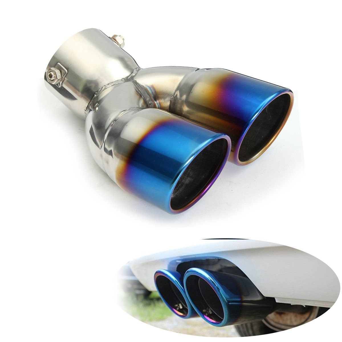 Universal-Bluing-Exhaust-Muffler-Silencer-Dual-Tail-Pipe-Tips-58-70mm-Inlet-1409592