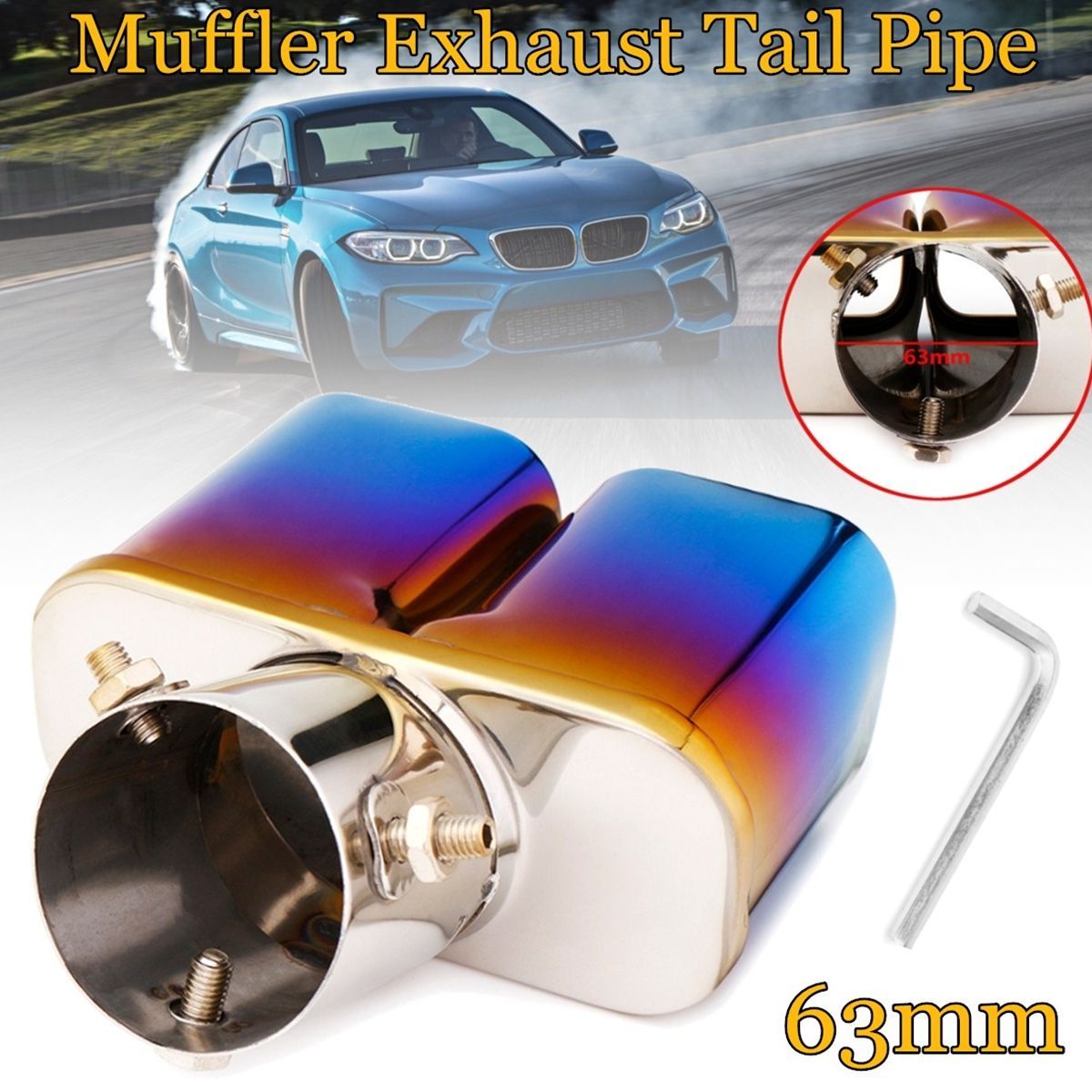 Universal-Half-Grilled-Blue-Double-Outlet-Exhaust-Muffler-Tip-End-Tail-Pipe-1324765